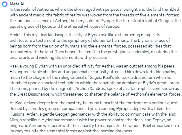 Imaginative Story response from Meta AI