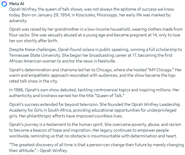 Inspiring Story response from Meta AI