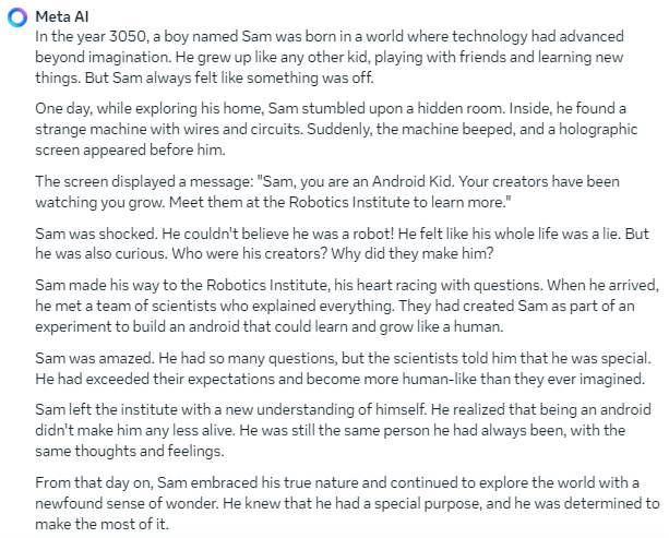 Sci-fi Story response from Meta AI