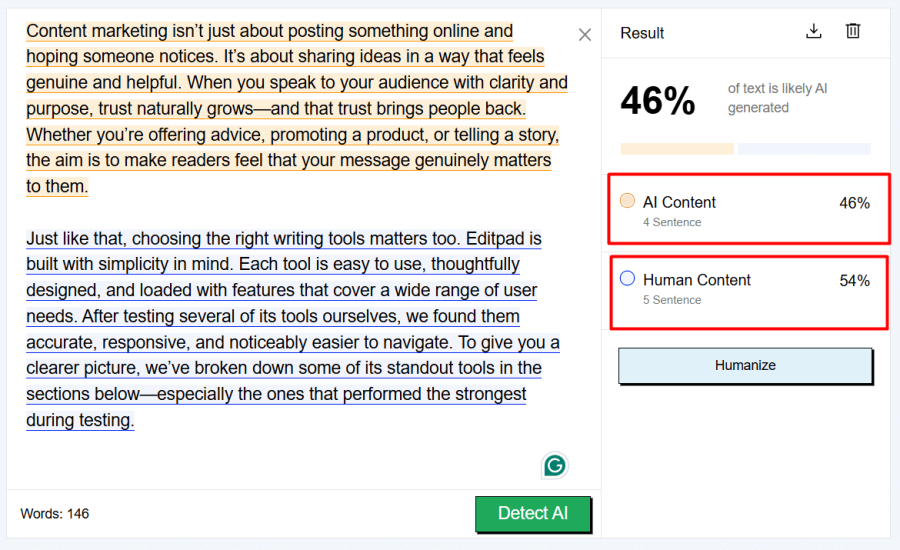 Editpad's AI detector