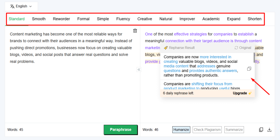 Editpad's Paraphrase tool